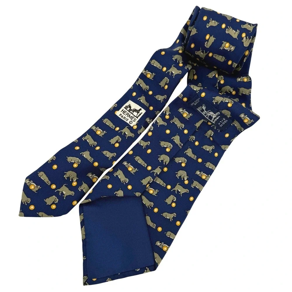 Hermes Paris Mens Silk Tie Navy Blue Puppy Dog Ball Novelty Print Made in France